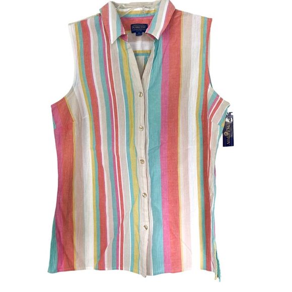 Pendleton Pink Multicolor Stripe Button Down Sleeveless Blouse Shirt Size Medium - Picture 1 of 6